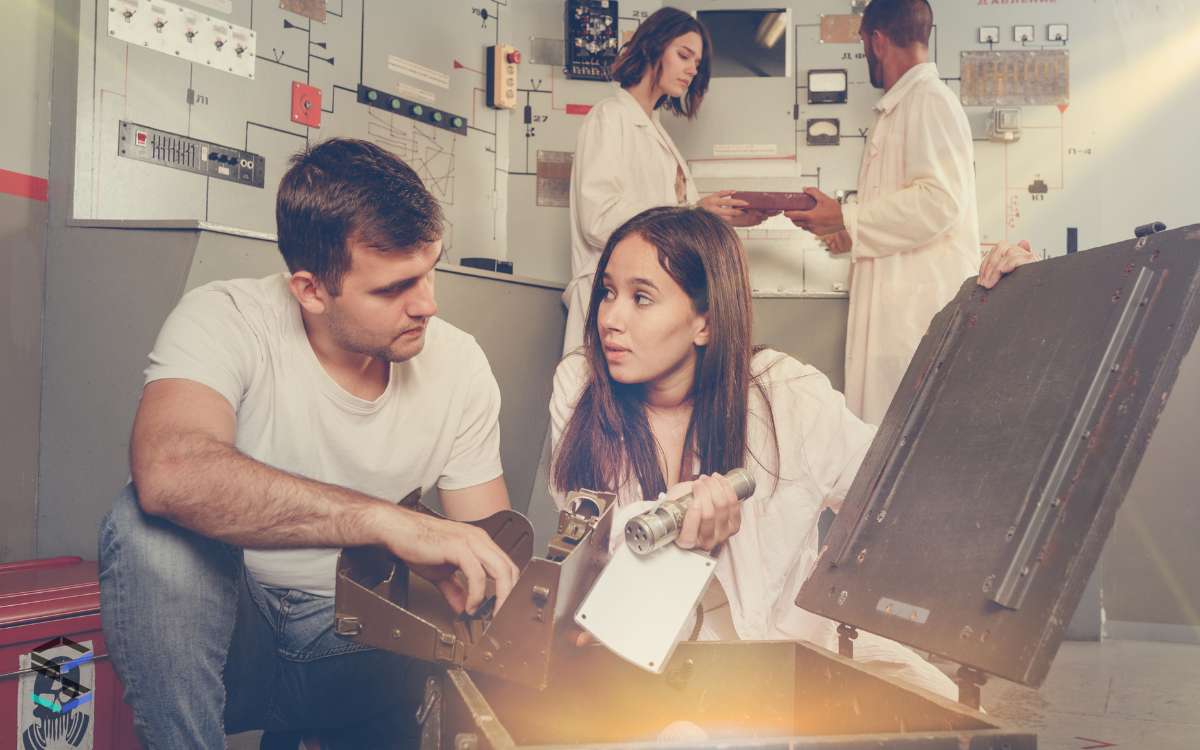 En la imagen se ve a empleados participando de un escape room para trabajo en equipo